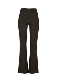 Černobílé pruhované zvonové kalhoty s vysokým pasem, vyrobené z texturované tkaniny, s ušitým střihem a bez viditelného kovového kování.