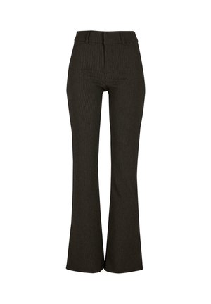 Schwarz-weiß gestreifte, ausgestellt geschnittene Hose mit hoher Taille, gefertigt aus einem strukturierten Stoff, mit tailliertem Schnitt und ohne sichtbare Beschläge.