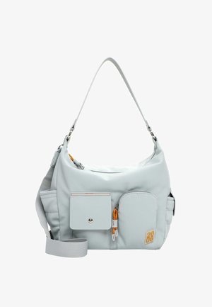 Borsa a tracolla grigio chiaro in materiale sintetico, con tracolla regolabile, multiple tasche e dettagli con cerniere arancioni.