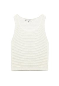 Hvid strikket ærmeløs crop top med vandrette teksturerede striber og firkantet halsudskæring.