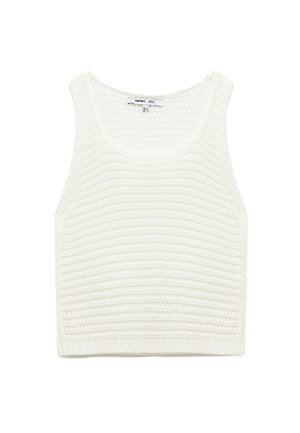 Top corto sin mangas de punto blanco con rayas horizontales texturizadas y escote cuadrado.