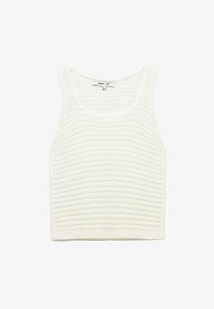 Top corto sin mangas de punto blanco con rayas horizontales texturizadas y escote cuadrado.