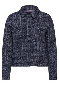 Veste bleu marine texturée en tissu tissé, dotée d'un col à revers, de poches avant et d'une fermeture à boutons.