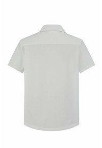 Chemise blanche à manches courtes avec un col, texture lisse, couleur unie et un yoke au dos pour la structure.