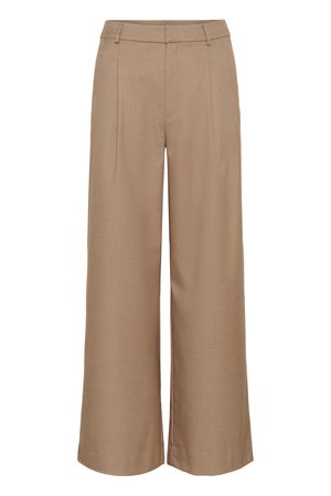 Φαρδιά μπεζ παντελόνια με θηλιές για ζώνη, εμπρόσθιες πιέτες και κρυφό εμπρόσθιο κούμπωμα.