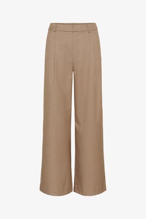 Pantaloni beige a gamba larga con passanti per cintura, pieghe frontali e chiusura anteriore nascosta.