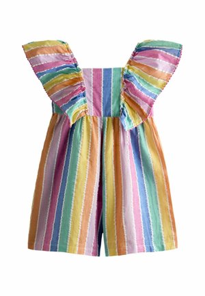 Ærmeløs børnedragt med farverige lodrette striber og flæser på skulderstropper på hvid baggrund.