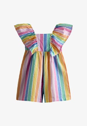 Ujjatlan gyerek overál színes függőleges csíkokkal és fodros vállpántokkal fehér háttéren.