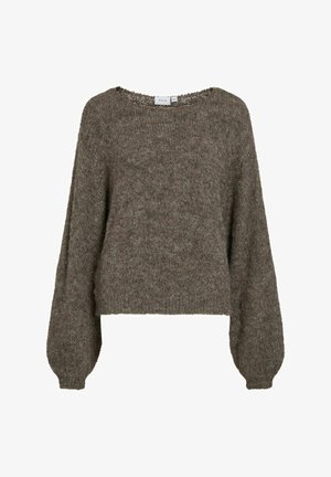 Brązowy dzianinowy sweter z okrągłym dekoltem, długimi, obszernymi rękawami oraz fakturowanym wykończeniem. Charakteryzuje się skróconą sylwetką.
