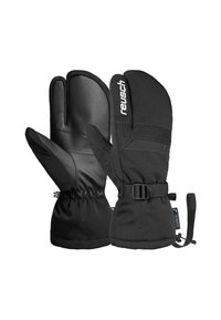 Schwarze Handschuhe aus Leder und weichem Stoff, mit einem gerafften Bündchen, verstellbarem Riemen und Logo auf der Außenseite.