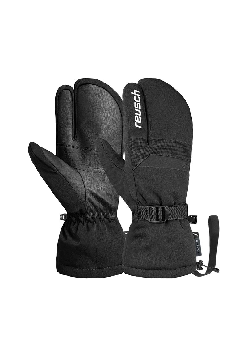 Schwarze Handschuhe aus Leder und weichem Stoff, mit einem gerafften Bündchen, verstellbarem Riemen und Logo auf der Außenseite.