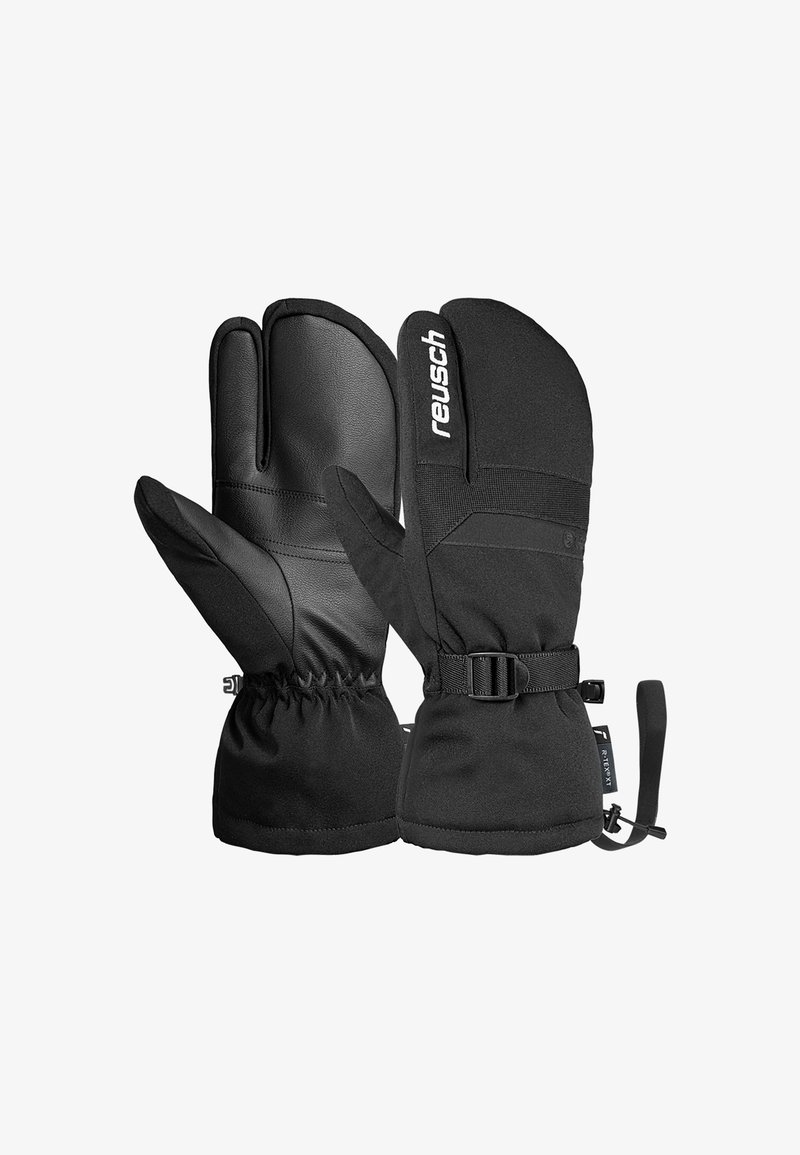Black mittens made of leather and soft fabric, featuring a cinched cuff, adjustable strap, and logo on the exterior.