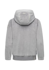Lys grå kordfløjl hoodie med en struktureret overflade, justerbar hætte og elastiske manchetter. Har et mærke på ryggen og et diskret logo-patch.