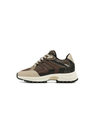 Beige and brown sneaker with mesh and leather materials, textured accents, flat laces, and a rubber outsole with triangular tread patterns.