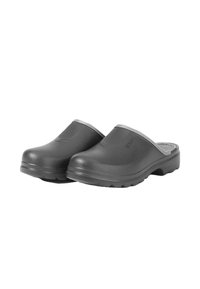 Black clogs with a smooth, durable surface and a textured toe area. Features a silver accent on the edge of the upper and a sturdy sole.