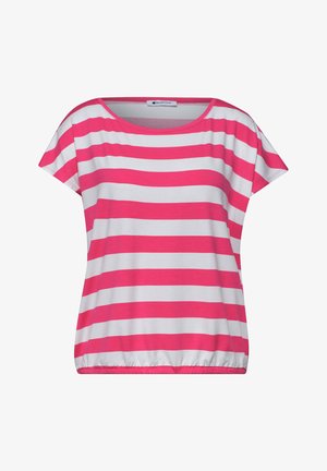 Dames top met korte mouwen met brede roze en witte horizontale strepen en een ronde hals.