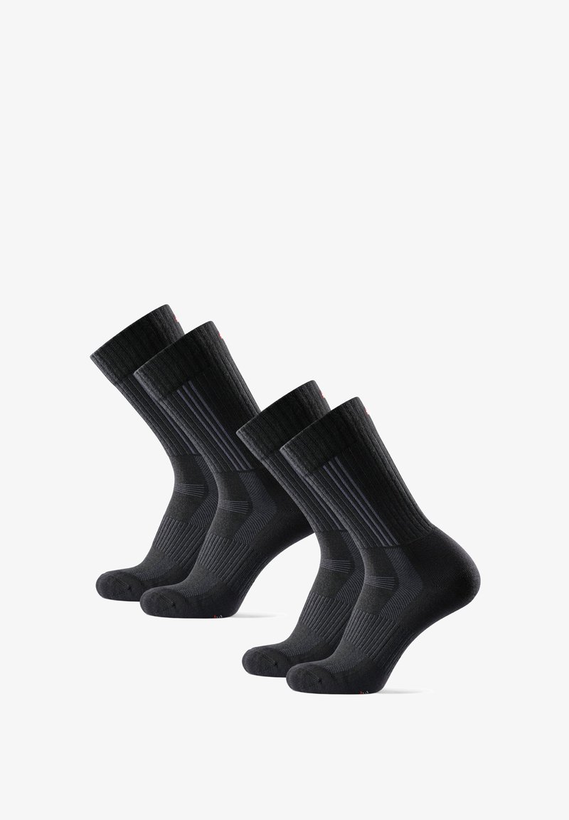 Cuatro pares de calcetines gris oscuro, con un diseño de canalé, talones reforzados y puños elásticos para mayor soporte, exhibidos en una disposición uno al lado del otro.