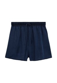 Pantalones cortos azul marino hechos de tela suave, con cintura elástica y cordón ajustable, y un ajuste relajado y holgado con longitud hasta la mitad del muslo.