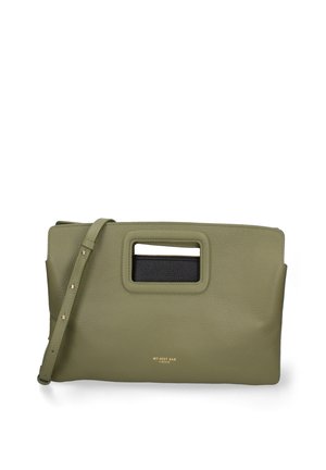 Olivengrøn læderclutch med rektangulært udskåret håndtag og fastgjort justerbar skulderrem, guldlogo "MY-BEST BAG FIRENZE".