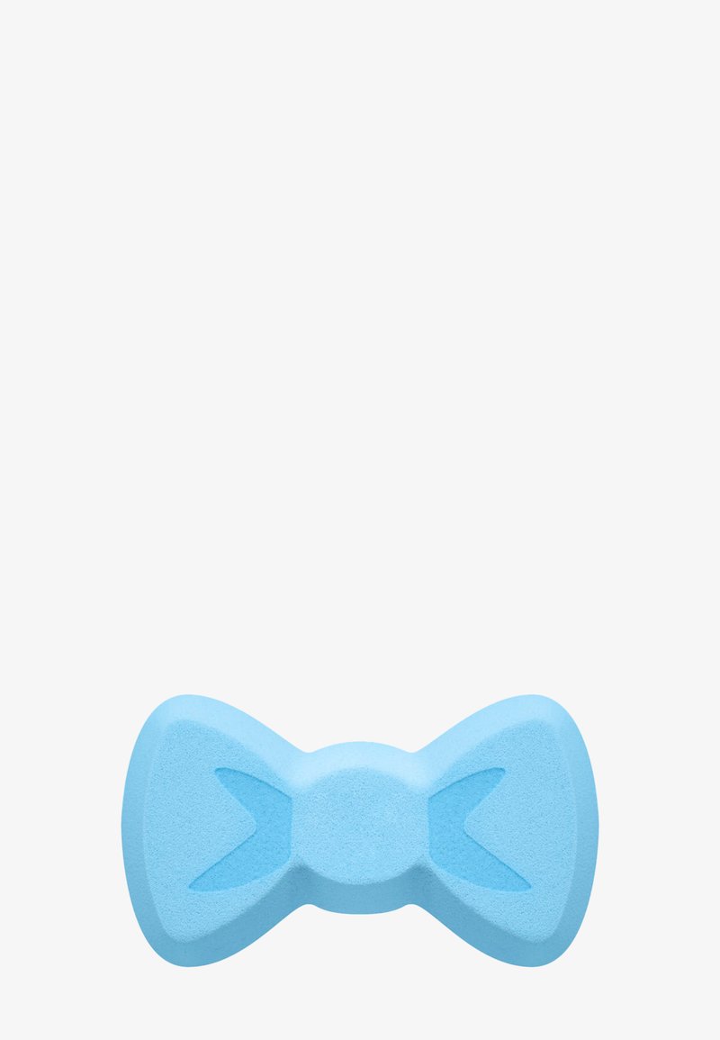 Blue sponge shaped like a bow tie with embossed arrow designs on each side, shown against a plain white background.