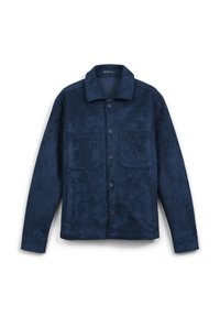 Navy blue jacket with a textured finish, button closure, and two front pockets. Features a point collar and long sleeves.