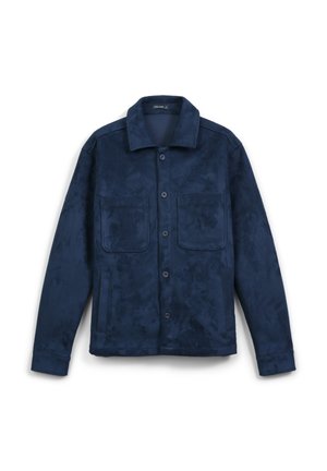 Navy blue jacket with a textured finish, button closure, and two front pockets. Features a point collar and long sleeves.