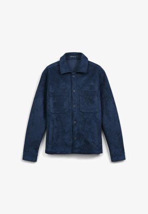 Marineblaues Jacket mit strukturierter Oberfläche, Knopfverschluss und zwei Vorderfächern. Mit Punktkragen und langen Ärmeln.