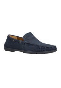 Scarpe slip-on blu navy realizzate in materiale perforato, con punta rotonda e interno marrone a contrasto. Progettate con una suola in gomma flessibile.