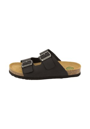 Black open-toe sandal with two adjustable buckle straps and a cork footbed with a green spiral logo on the heel.