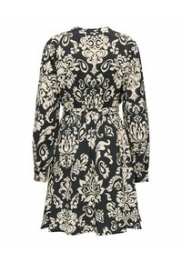 Robe noire avec des motifs floraux et cachemire crème complexes, manches longues et taille ceinturée, vue de dos.