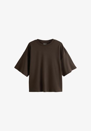 Tricou maro închis cu mâneci scurte, croială largă, umeri căzuți și decolteu rotund, afișat pe un fundal alb.