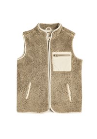 Gilet in pile beige con colletto alto, chiusura con zip, due tasche laterali e una tasca sul petto con un bordo in tessuto crema a contrasto.