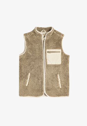 Tan fleece vest med høj krave, lynlås lukning, to sidelommer og en brystlomme med kontrasterende cremefarvet stofkant.