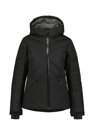 Schwarze isolierte Jacke mit Kapuze. Merkmale sind das diagonale Steppmuster, der Reißverschluss vorne und die verstellbaren Bündchen. Glatte Textur, wasserdichtes Material.
