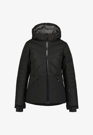 Black insulated jacket with a hood. Features diagonal quilted design, zippered front, and adjustable cuffs. Smooth texture, waterproof material.