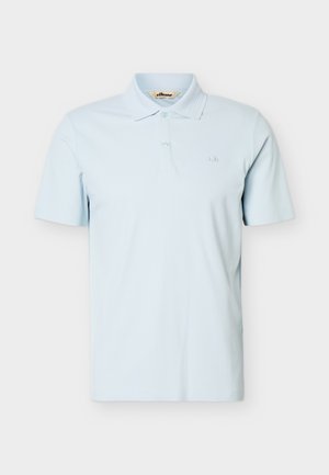 Lyseblå kortermet polo-skjorte med to knapper, krage og en liten brodert logo på venstre bryst.