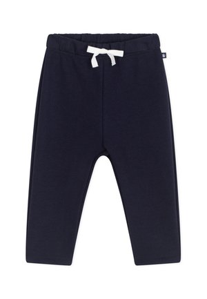 Navyblauwe peuterbroek met een elastische tailleband en een witte trekkoordstrik op een witte achtergrond.
