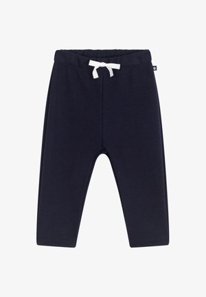 Pantalon bleu marine pour tout-petit avec taille élastique et nœud de cordon blanc sur fond blanc.