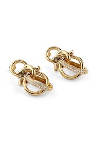 Goldene Ohrringe mit ineinandergreifenden runden Designs, einer strukturierten Oberfläche und einer Linie klarer Strasssteine über einem Abschnitt.