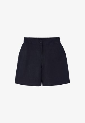 Shorts in lino blu navy con una texture liscia, dotati di chiusura frontale con bottone, vita elasticizzata e due tasche laterali.