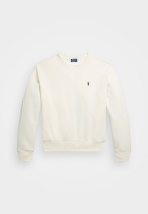 Lysbeige sweatshirt med V-hals, lange ærmer og ribbede manchetter. Har et lille marineblåt logo på brystet og en ensartet tekstur.