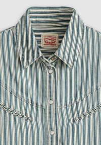 Camicia di jeans a righe con strisce verticali azzurro chiaro e bianche, colletto a punta, bottoni a pressione di perla e dettaglio della tasca cucita.