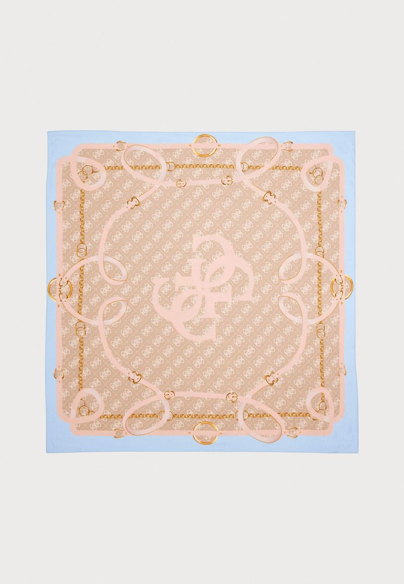 Sciarpa di seta con un bordo azzurro chiaro e un motivo centrale beige, dettagli in catena dorata e un logo rosa al centro.
