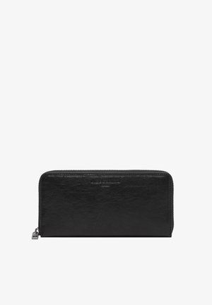 Black leather zip-around wallet with subtle embossed brand logo and silver zipper pull.