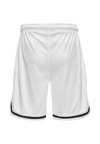Shorts de sport blancs avec une ceinture élastique et des bandes noires le long des bords inférieurs, présentés sur un fond blanc.