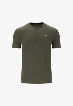 Olivgrünes kurzärmliges T-Shirt aus leichtem Stoff, mit Rundhalsausschnitt und einem dezenten Markenlogo auf der oberen linken Brust.