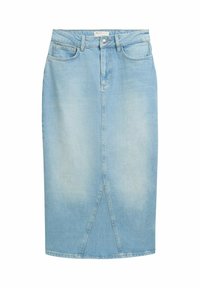 Light blue denim midi skirt with a fitted design, featuring a front slit and two side pockets. Made from soft, textured denim fabric.