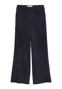 Pantaloni neri a gamba larga con pieghe frontali, passanti per cintura e chiusura frontale nascosta, etichettati "COMMA", stesi in piano.