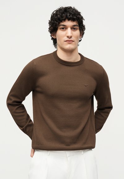 Noor mees lokkis mustade juustega, kes kannab pruuni kootud kampsunit ja valgeid pükse, seisab käed selja taga valgel taustal.