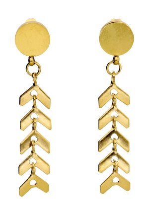 Øreringe i guldton med runde toppe og fem sammenkædede, vinklet chevronformede stykker, der hænger under hver top.